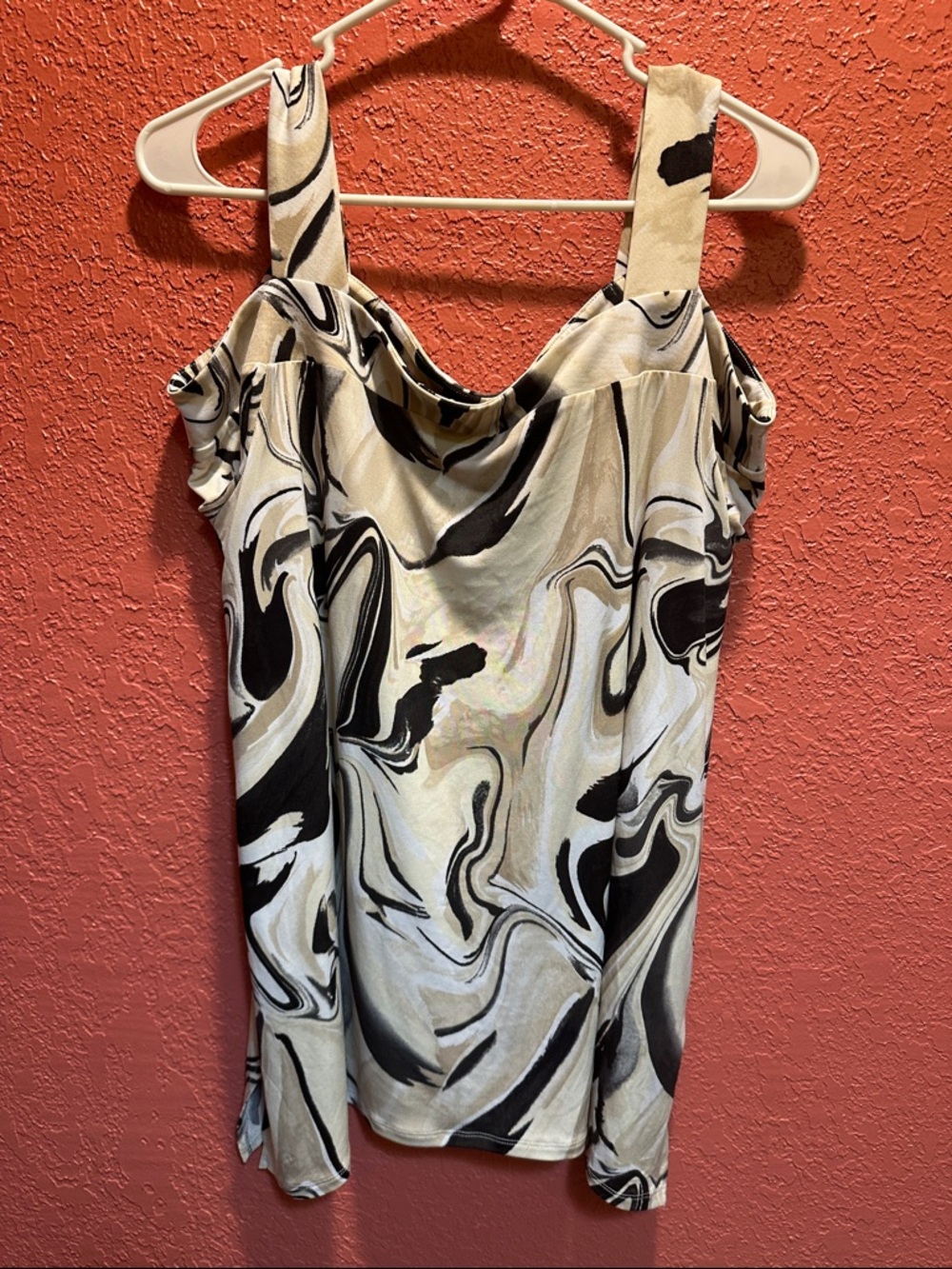 JM Collection Black & Cream Marble Print Off-Shoulder Top